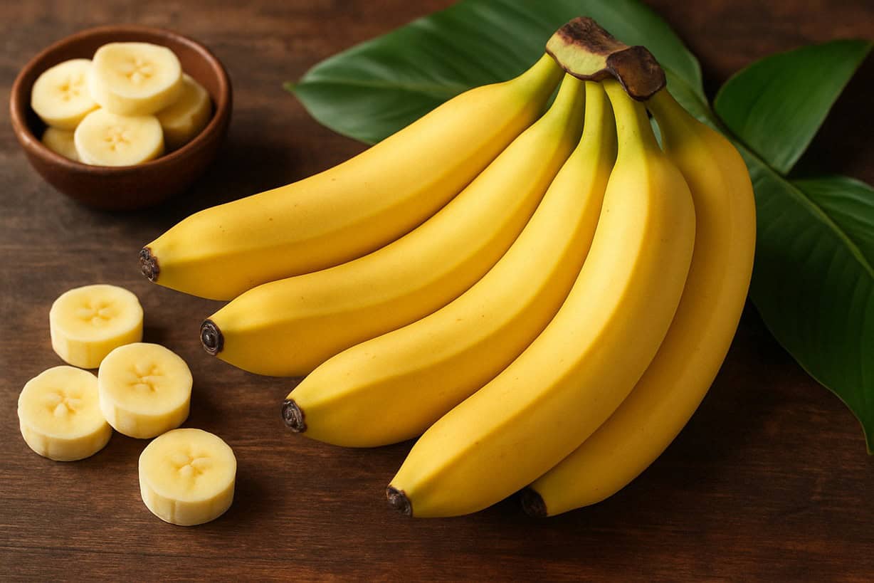 Un casco di banane con alcune fette accanto su tavolo in legno con foglie tropicali