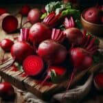 Primo piano su barbabietole fresche con foglie verdi brillanti, radici dal colore intenso e superficie liscia, ideali per piatti salutari e nutrienti.