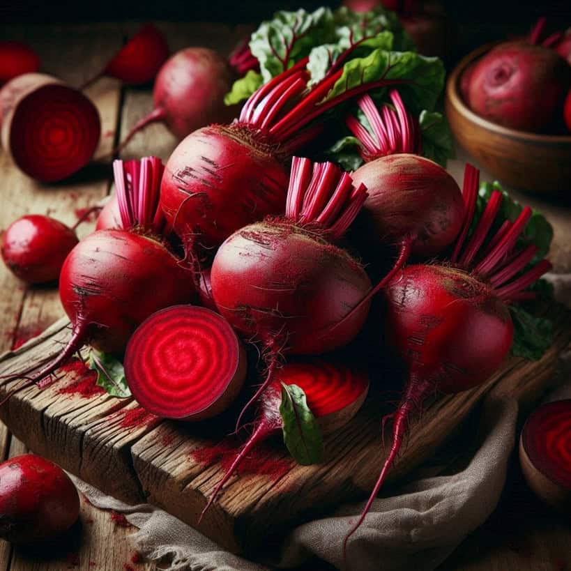 Primo piano su barbabietole fresche con foglie verdi brillanti, radici dal colore intenso e superficie liscia, ideali per piatti salutari e nutrienti.
