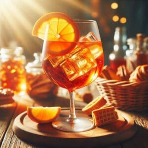 Un calice di Aperol Spritz con ghiaccio e fetta d’arancia, perfetto per l’aperitivo