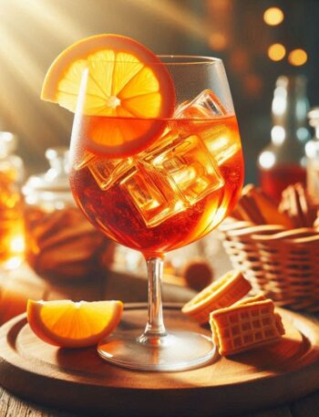 Un calice di Aperol Spritz con ghiaccio e fetta d’arancia, perfetto per l’aperitivo