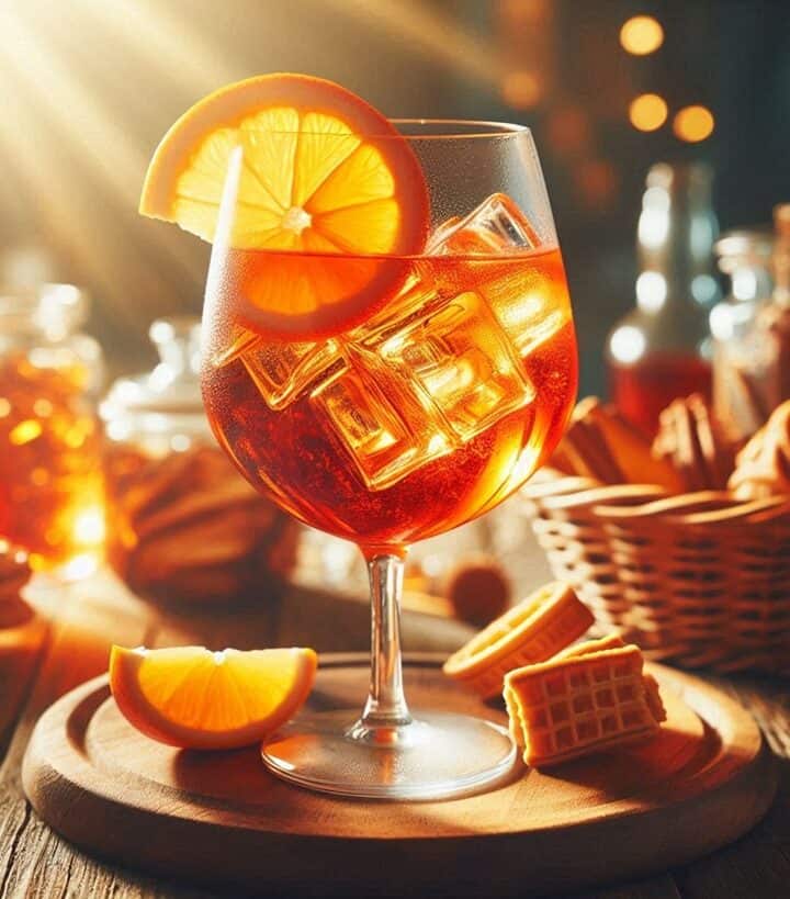 Un calice di Aperol Spritz con ghiaccio e fetta d’arancia, perfetto per l’aperitivo