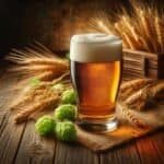 Un bicchiere di birra dorata con schiuma cremosa, posizionato su un tavolo rustico, circondato da luce calda che ne esalta il colore e la trasparenza.