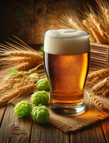 Un bicchiere di birra dorata con schiuma cremosa, posizionato su un tavolo rustico, circondato da luce calda che ne esalta il colore e la trasparenza.