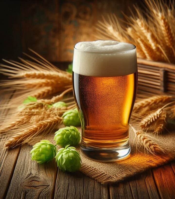 Un bicchiere di birra dorata con schiuma cremosa, posizionato su un tavolo rustico, circondato da luce calda che ne esalta il colore e la trasparenza.