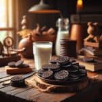 Una colazione su sfondo rustico con biscotti Oreo disposti accanto a una tazza di latte fumante e un piatto di legno, creando un'atmosfera calda e accogliente.