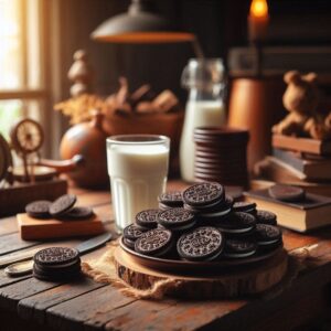 Una colazione su sfondo rustico con biscotti Oreo disposti accanto a una tazza di latte fumante e un piatto di legno, creando un'atmosfera calda e accogliente.
