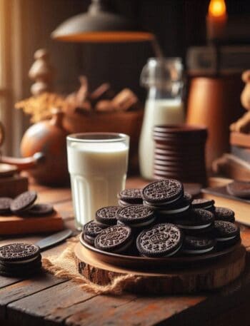 Una colazione su sfondo rustico con biscotti Oreo disposti accanto a una tazza di latte fumante e un piatto di legno, creando un'atmosfera calda e accogliente.