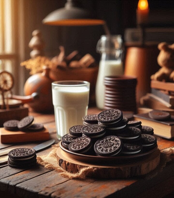 Una colazione su sfondo rustico con biscotti Oreo disposti accanto a una tazza di latte fumante e un piatto di legno, creando un'atmosfera calda e accogliente.