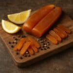Un piatto di bottarga intera ed affettata su un tagliere di legno, con il suo colore dorato e texture compatta, pronta per essere gustata.