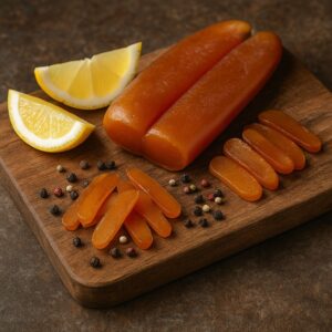 Un piatto di bottarga intera ed affettata su un tagliere di legno, con il suo colore dorato e texture compatta, pronta per essere gustata.