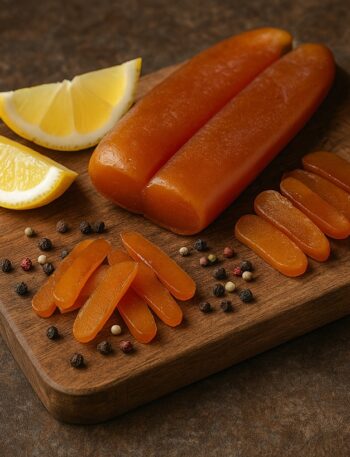 Un piatto di bottarga intera ed affettata su un tagliere di legno, con il suo colore dorato e texture compatta, pronta per essere gustata.