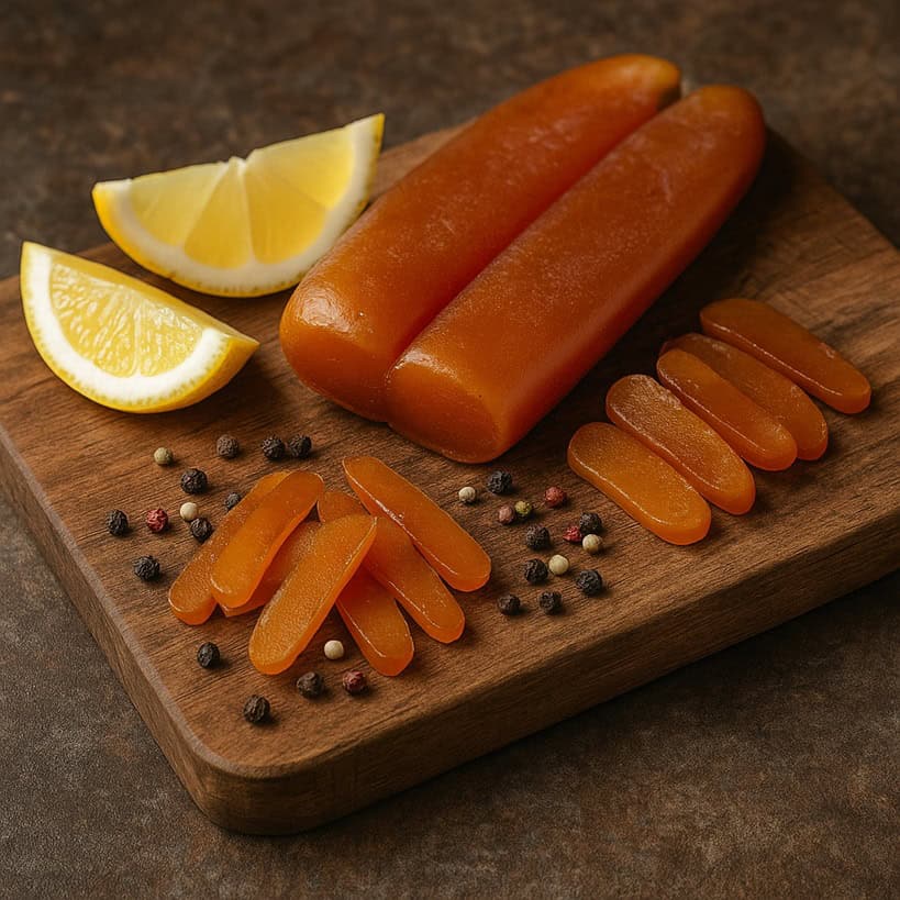 Un piatto di bottarga intera ed affettata su un tagliere di legno, con il suo colore dorato e texture compatta, pronta per essere gustata.