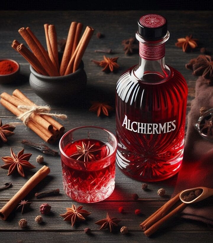 Liquore Alchermes rosso intenso in bottiglia di vetro