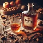 Una bottiglia di Amaretto di Saronno su un tavolo con un bicchiere servito e ingredienti come mandorle e vaniglia.