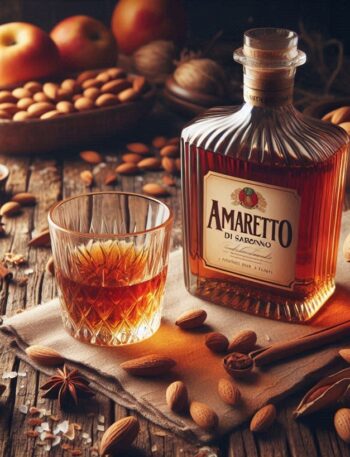Una bottiglia di Amaretto di Saronno su un tavolo con un bicchiere servito e ingredienti come mandorle e vaniglia.