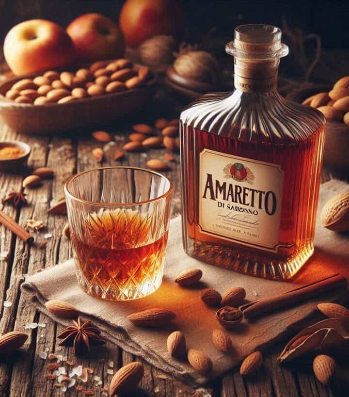 Una bottiglia di Amaretto di Saronno su un tavolo con un bicchiere servito e ingredienti come mandorle e vaniglia.