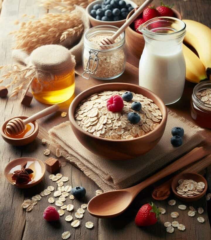 Primo piano di chicchi e fiocchi di avena disposti su un fondo naturale, mostrando la texture e il colore dorato di questo cereale nutriente.
