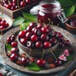 Amarene fresche in una ciotola di ceramica con sfondo naturale