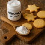 Cucchiaio colmo di ammoniaca per dolci accanto a biscotti rustici su tagliere di legno