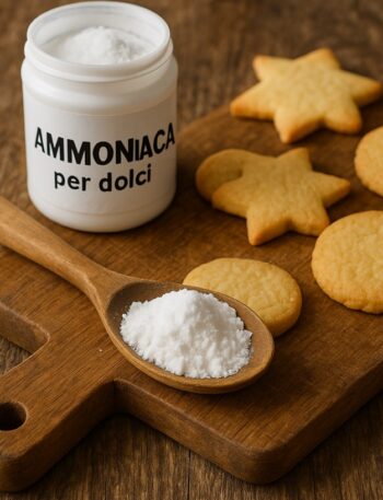 Cucchiaio colmo di ammoniaca per dolci accanto a biscotti rustici su tagliere di legno