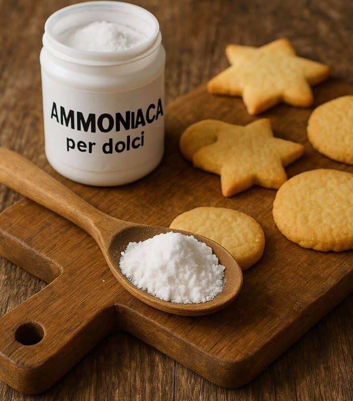 Cucchiaio colmo di ammoniaca per dolci accanto a biscotti rustici su tagliere di legno