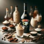 Primo piano su un bicchiere colmo di liquore cremoso Baileys, con sfumature dorate e una texture vellutata, accanto a ingredienti chiave come whisky e cioccolato.