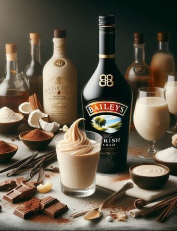 Primo piano su un bicchiere colmo di liquore cremoso Baileys, con sfumature dorate e una texture vellutata, accanto a ingredienti chiave come whisky e cioccolato.