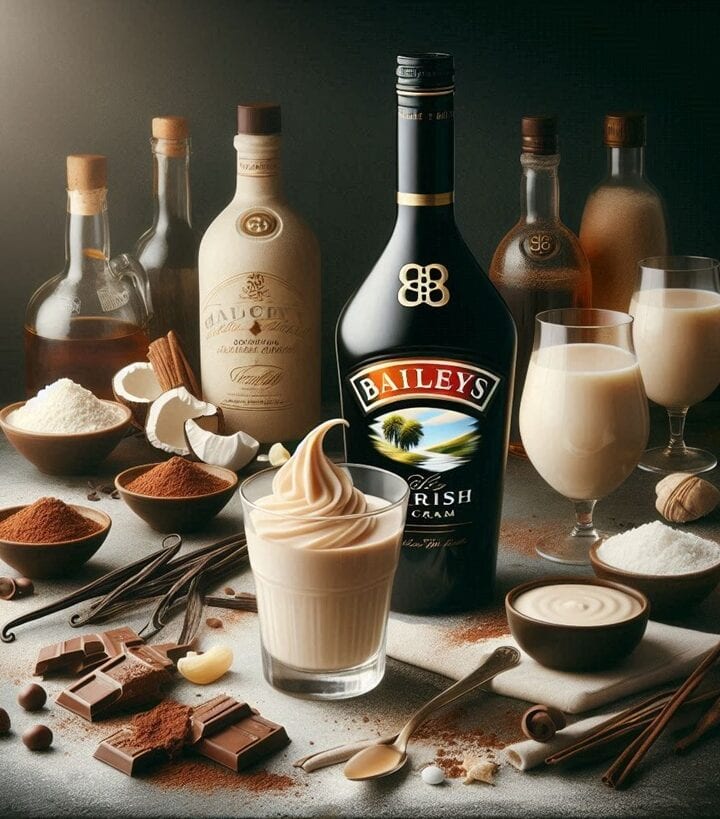 Primo piano su un bicchiere colmo di liquore cremoso Baileys, con sfumature dorate e una texture vellutata, accanto a ingredienti chiave come whisky e cioccolato.