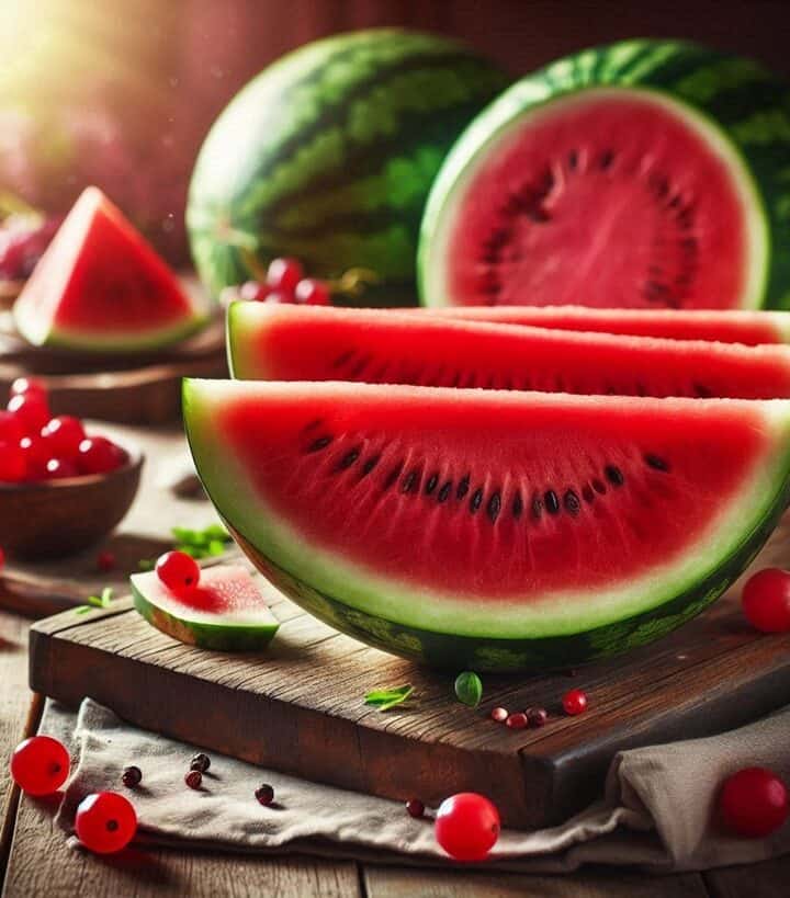 Fetta di anguria rossa con semi, appoggiata su un tagliere di legno