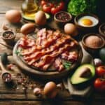 Primo piano su fette di bacon croccante e dorato, posate su un tagliere con un contrasto tra la parte grassa e quella più magra.