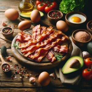 Primo piano su fette di bacon croccante e dorato, posate su un tagliere con un contrasto tra la parte grassa e quella più magra.