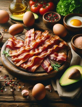 Primo piano su fette di bacon croccante e dorato, posate su un tagliere con un contrasto tra la parte grassa e quella più magra.