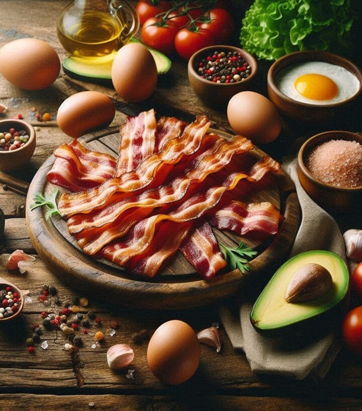 Primo piano su fette di bacon croccante e dorato, posate su un tagliere con un contrasto tra la parte grassa e quella più magra.