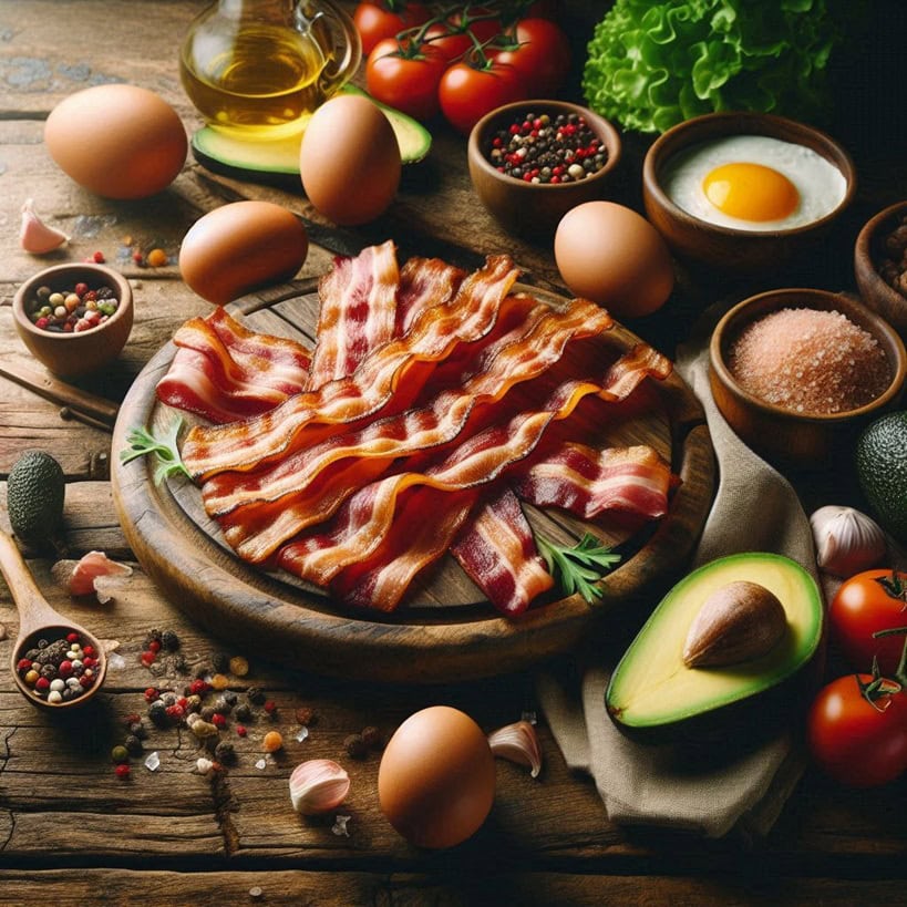 Primo piano su fette di bacon croccante e dorato, posate su un tagliere con un contrasto tra la parte grassa e quella più magra.