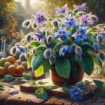 Pianta di borragine con fiori blu-viola in piena fioritura, circondata da foglie verdi ricoperte da una leggera peluria.