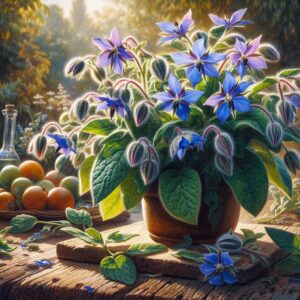 Pianta di borragine con fiori blu-viola in piena fioritura, circondata da foglie verdi ricoperte da una leggera peluria.