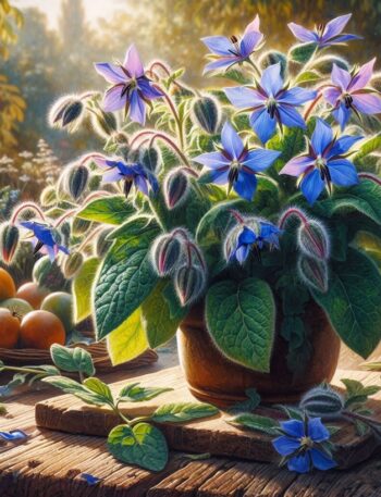 Pianta di borragine con fiori blu-viola in piena fioritura, circondata da foglie verdi ricoperte da una leggera peluria.
