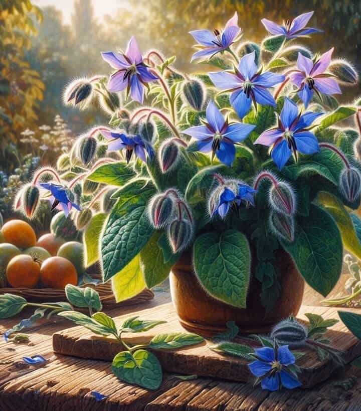 Pianta di borragine con fiori blu-viola in piena fioritura, circondata da foglie verdi ricoperte da una leggera peluria.