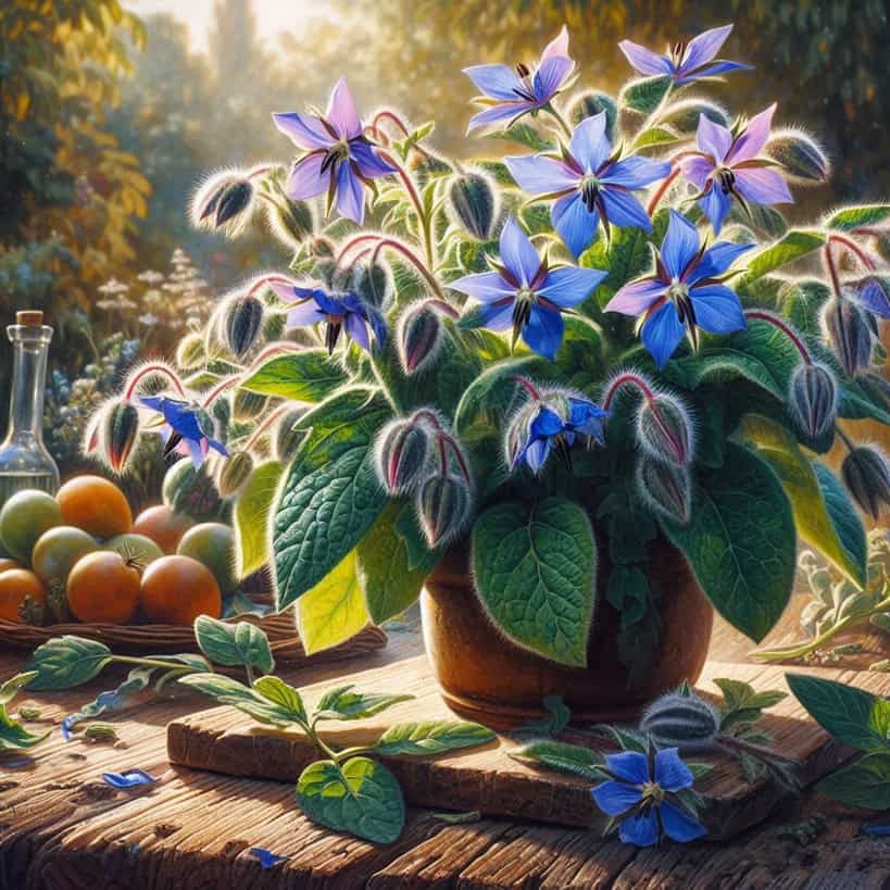 Pianta di borragine con fiori blu-viola in piena fioritura, circondata da foglie verdi ricoperte da una leggera peluria.