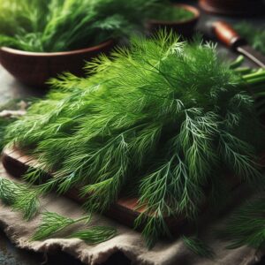 Aneto fresco con foglie sottili su un tagliere di legno