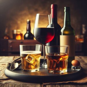 Vari tipi di alcol, posati su un tavolo di legno con luce soffusa