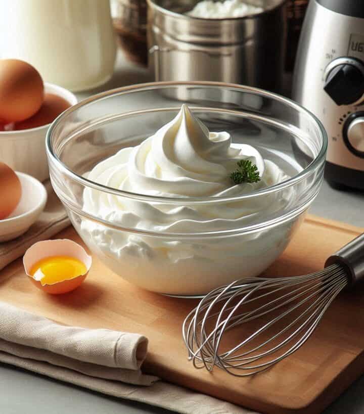 Albumi freschi montati a neve con fruste da cucina