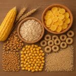 Una varietà di cereali e grani come mais, avena, cornflakes e altri, disposti su una superficie in legno.