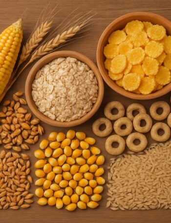 Una varietà di cereali e grani come mais, avena, cornflakes e altri, disposti su una superficie in legno.