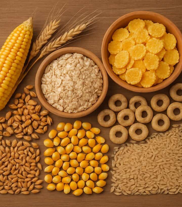 Una varietà di cereali e grani come mais, avena, cornflakes e altri, disposti su una superficie in legno.
