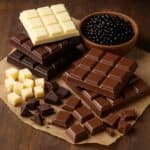 Tavolette e cubetti di cioccolato fondente, al latte e bianco disposti su carta forno e tavolo in legno con ciotola di perle di cioccolato