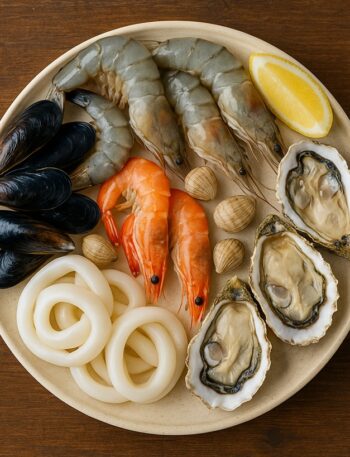 Piatto con frutti di mare tra cui: gamberi, cozze, vongole, ostriche, anelli di calamaro e limone