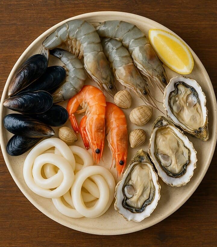 Piatto con frutti di mare tra cui: gamberi, cozze, vongole, ostriche, anelli di calamaro e limone