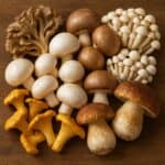Varietà di funghi commestibili freschi tra cui porcini, finferli, champignon, shimeji, pleurotus